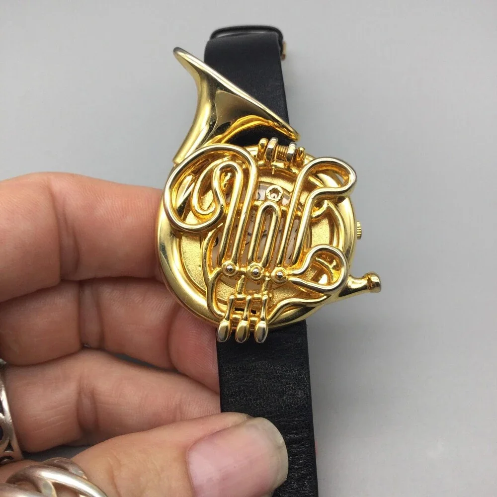 French Horn Hidden Dial Womens Watch 36mm Gold Tone Black Strap New Battery